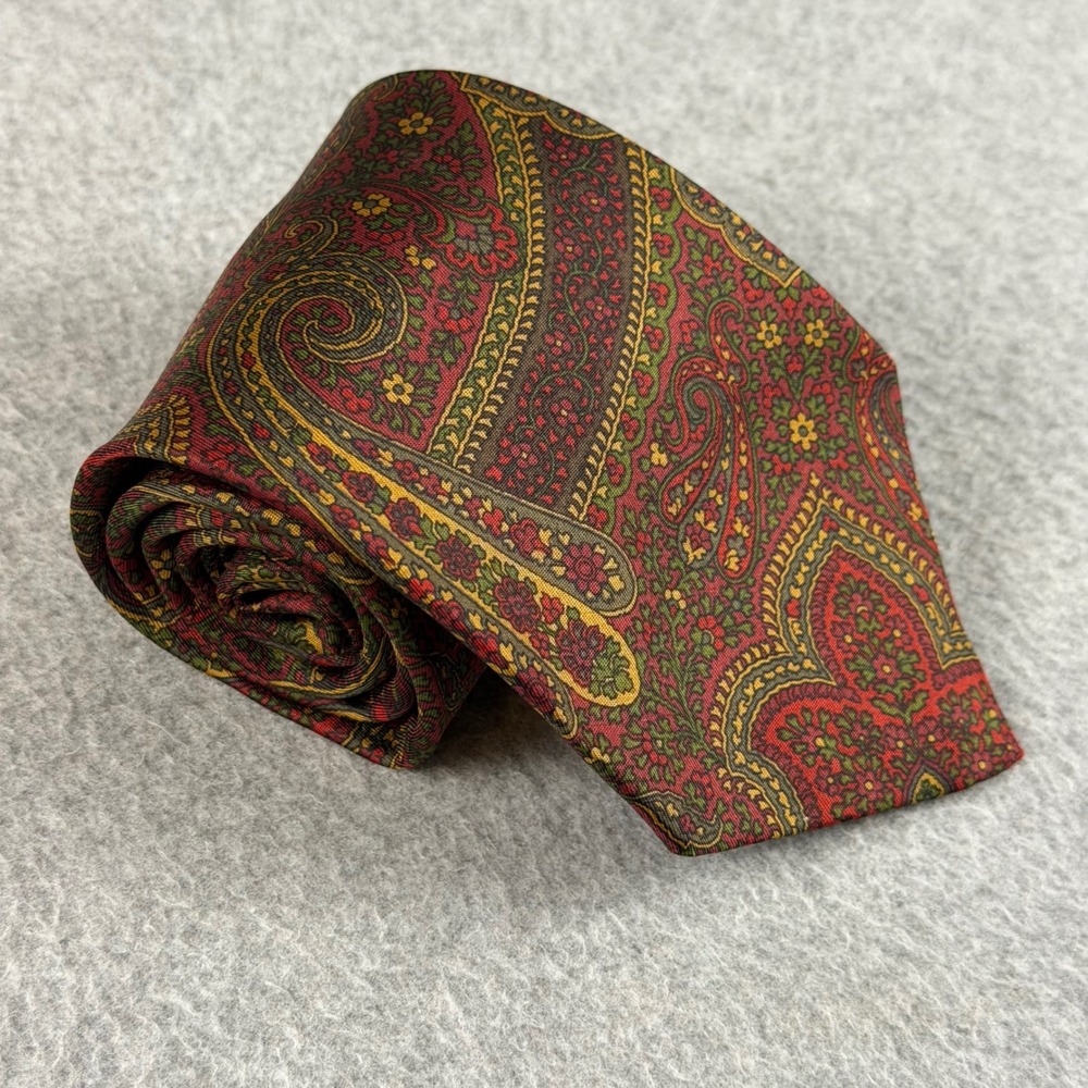 J.Crew Mens Silk Necktie Red Green Gold Paisley Floral Handmade Silk Tie 58x3.6"